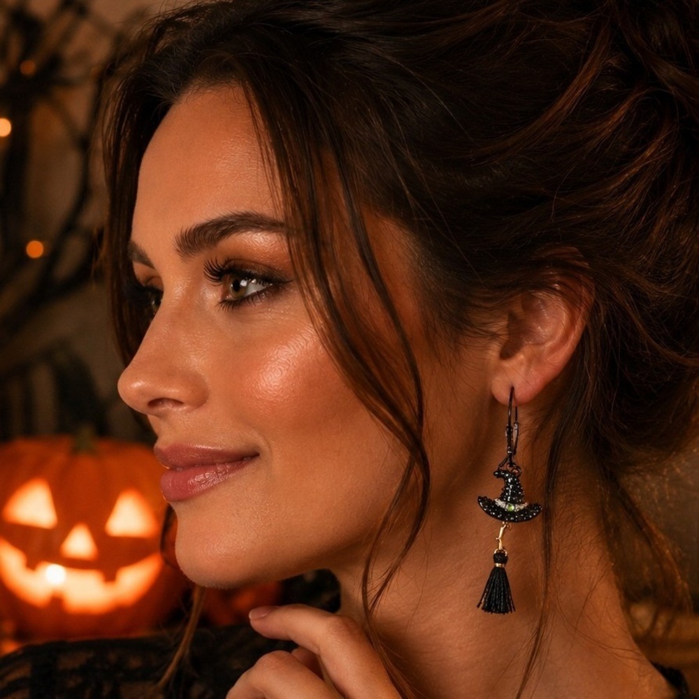 Betsey Johnson Witch Hat Dangle Earrings Black Crystal Whimsigoth Halloween NEW